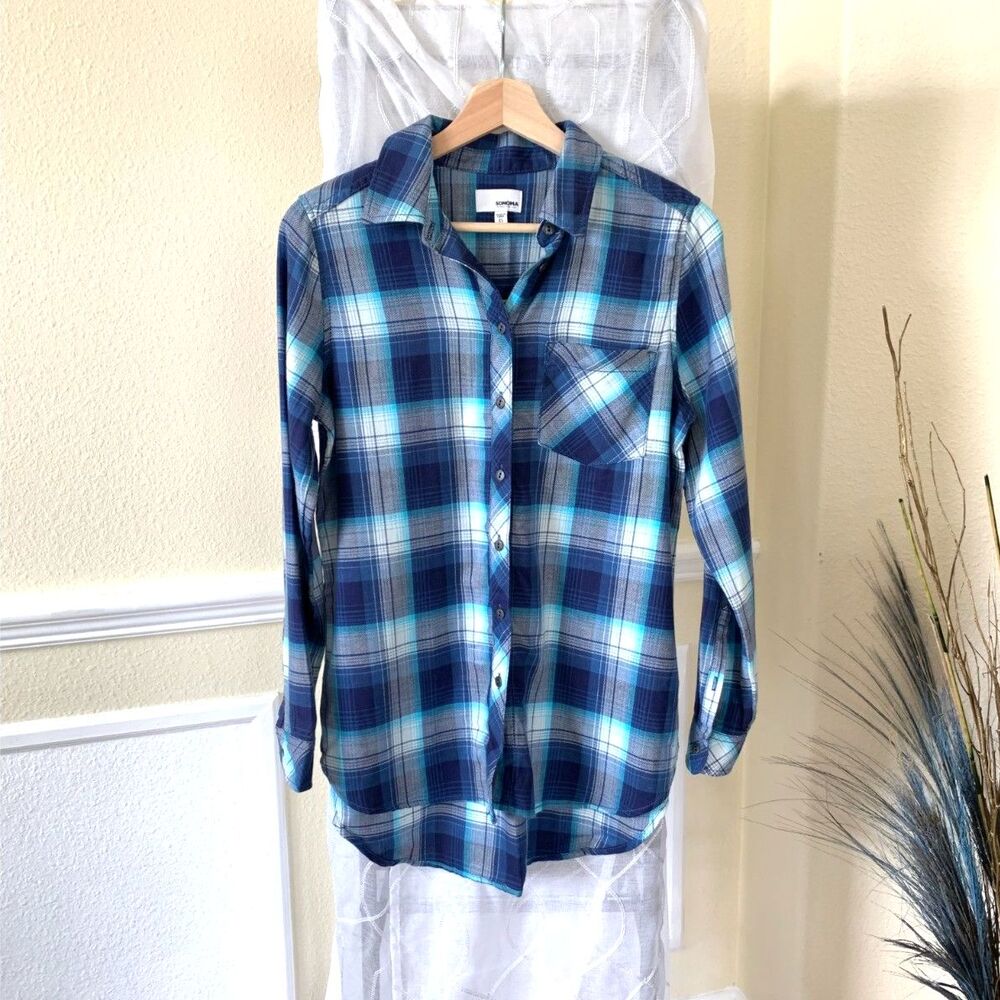 Supersoft Cotton Mix Blue Teal Plaid Long Sleeve Flannel Button Down Shirt